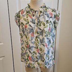 Floral Ruffle Sleeve Blouse By TAMARA.Size Meduim. Sheer overlay.